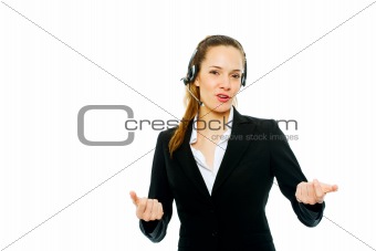 businesswoman with headset on white background studio