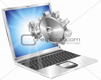 Gear cogs flying out of laptop screen concept