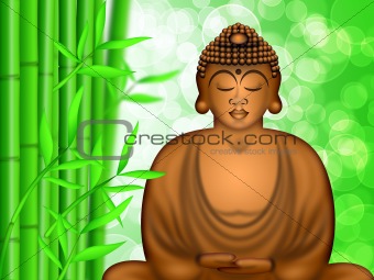 Zen Buddha Meditating by Bamboo Forest Background