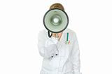 Medical doctor woman  standing in front of camera and speaking into megaphone
