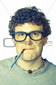 Portrait of Young Nerd on White