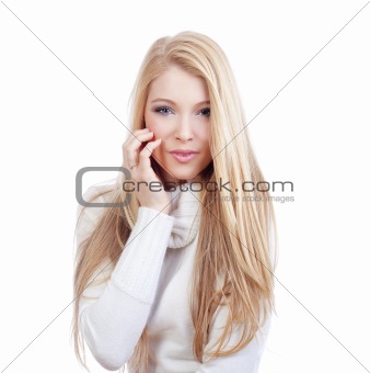 portrait of a young beautiful blond woman with blue eyes - isolated on white