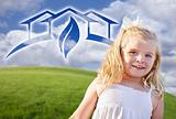 Adorable Blue Eyed Girl Playing Outside with Ghosted Green House Graphic in The Blue Sky.
