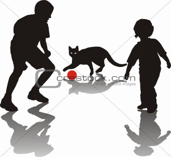 Children play with a cat