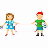 Stylized children holding a banner