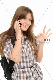 woman with phone indicating ok sign