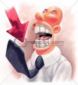 Horror-struck crazy Businessman with enormous throat. Red arrow 