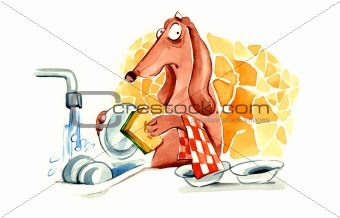 dog washing the dishes