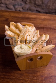 Garlic crusty bread in a basket.