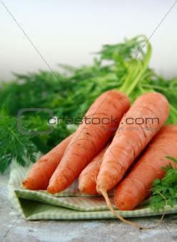 Fresh organic carrot with green leaves on an old table
