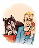 man calling and husky dog