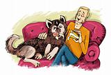 husky dog and his owner on sofa