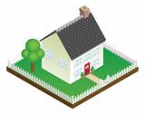 Quaint house with picket fence isometric view