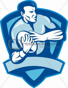 Rugby player running with ball with shield