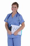 A female nurse with a friendly smile holding a clipboard.