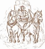 Cowboy stagecoach driver and horses front