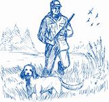 Hunter and trained pointer gun dog hunting