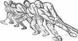 Team or group of men pulling rope tug of war