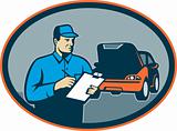 Automobile car repair mechanic with clipboard