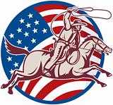 cowboy riding horse with lasso and american flag