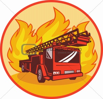 Fire truck or engine appliance with flames 