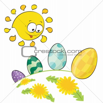 Cute little sun looking at easter eggs