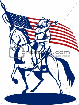 American cavalry soldier riding horse bugle and flag