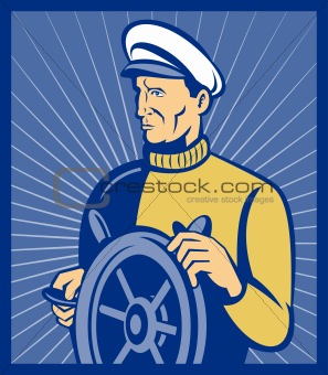 Sea ship captain at the helm steering wheel