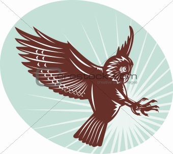 Owl swooping woodcut style