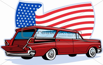 1950's styled station wagon with american flag