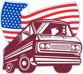 1950's styled station wagon with american flag