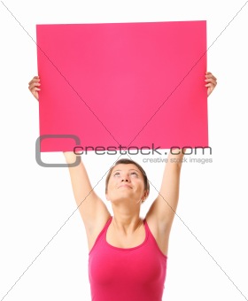 Happy woman with a banner