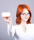 Portrait of an young beautiful happy woman with blank white card