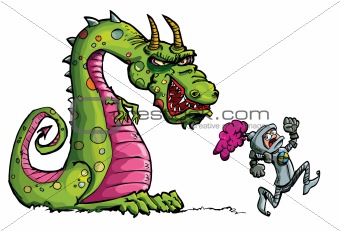 Cartoon of a knight running from a fierce dragon