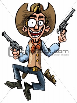 Cartoon cowboy jumping up and down with six guns