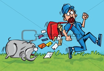 Cartoon postman running away from a dog