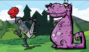 Cartoon of a knight running from a dragon