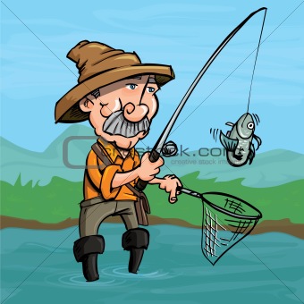 Cartoon fisherman catching a fish