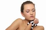 beautiful woman with black and white beads