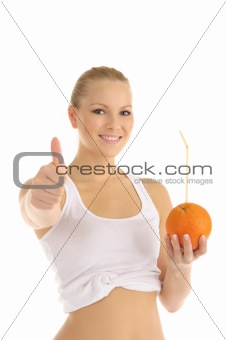 happy woman holding orange with straw