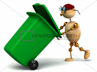 3d wood man pulling green waste container