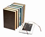 E-book with glasses and paper books