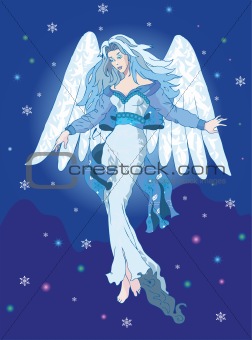 Light Angel in the night sky with snowflakes