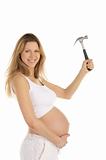 happy pregnant woman with a hammer,