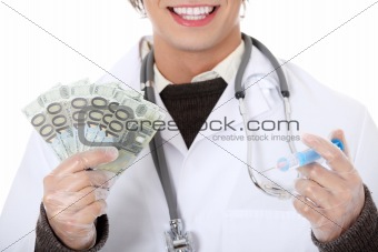 Happy doctor with money.