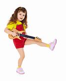 Little girl with toy guitar on white background