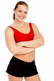 Pretty fitness instructor posing against white background.