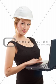 Engineer with laptop isolated on white