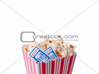 Pop Corn with tickets isolated on white background