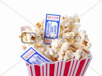 Pop Corn with tickets isolated on white background